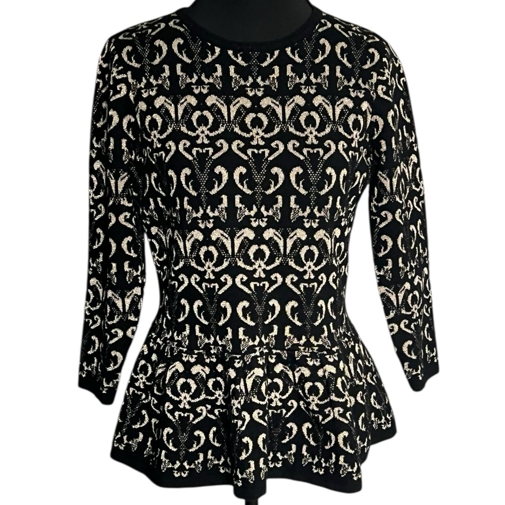 ASOS Black‎ Gold Jacquard Knit Peplum Top Blouse Fit Flare Long Sleeve Women's 8